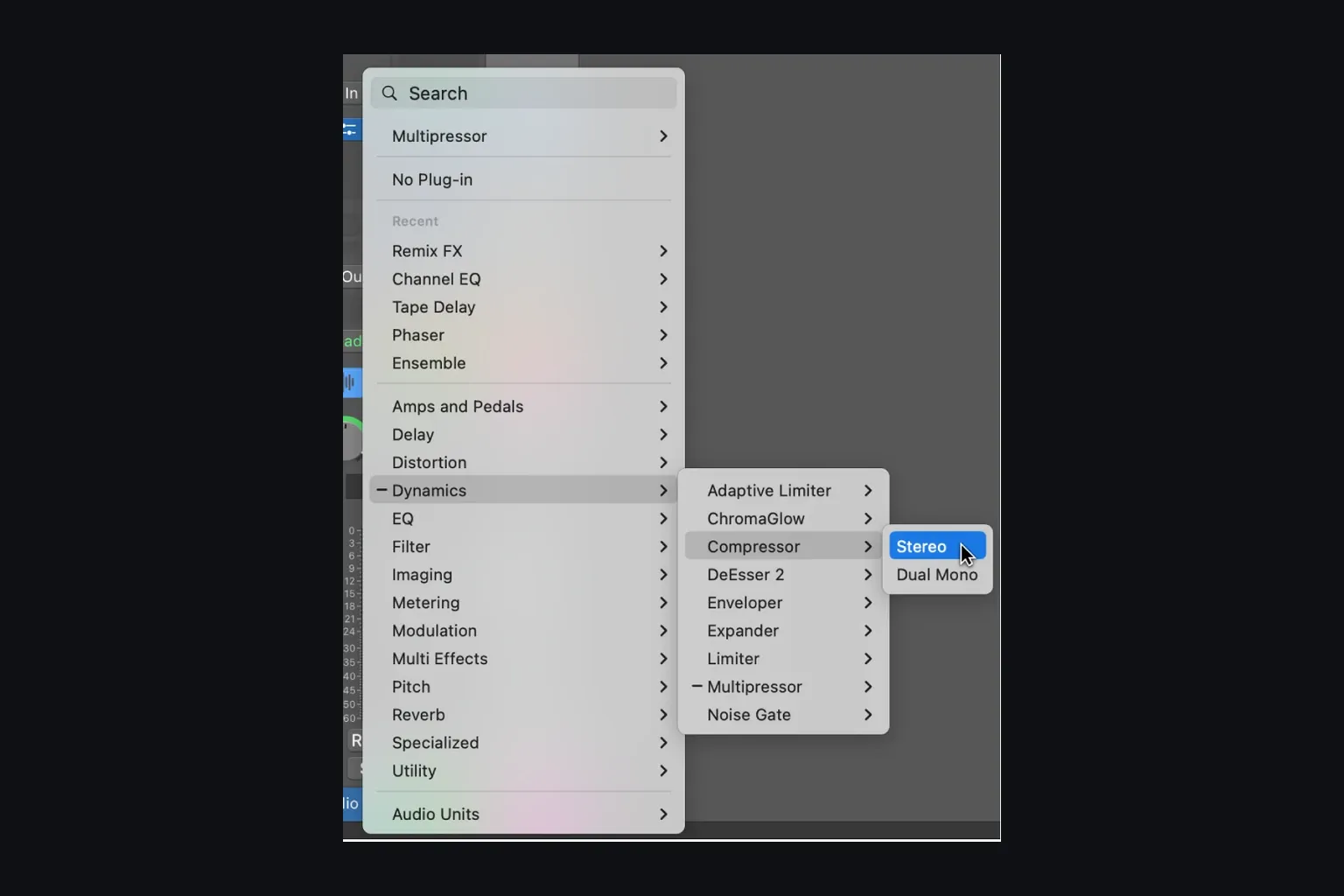 Logic Pro 12.3 Audio FX menu with the Audio Units submenu and effect categories