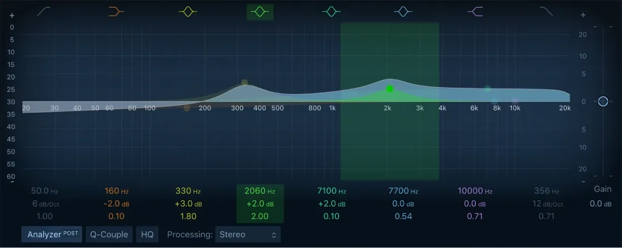 Current Logic Pro Channel EQ with high-pass and low-pass bands