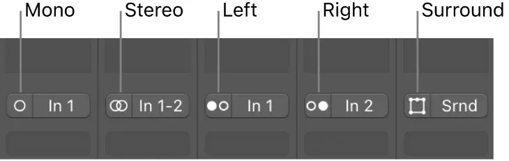Logic Pro Channel Mode symbols for Mono Stereo Left Right and Surround