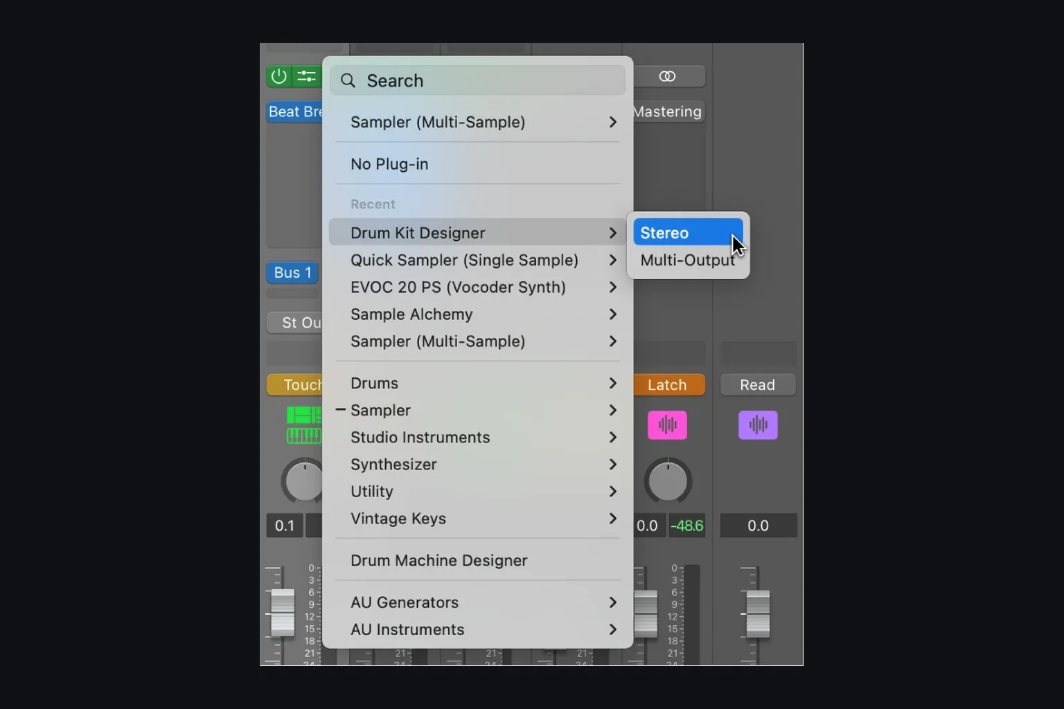 Logic Pro 12.3 Instrument menu with AU Instruments and AU Generators