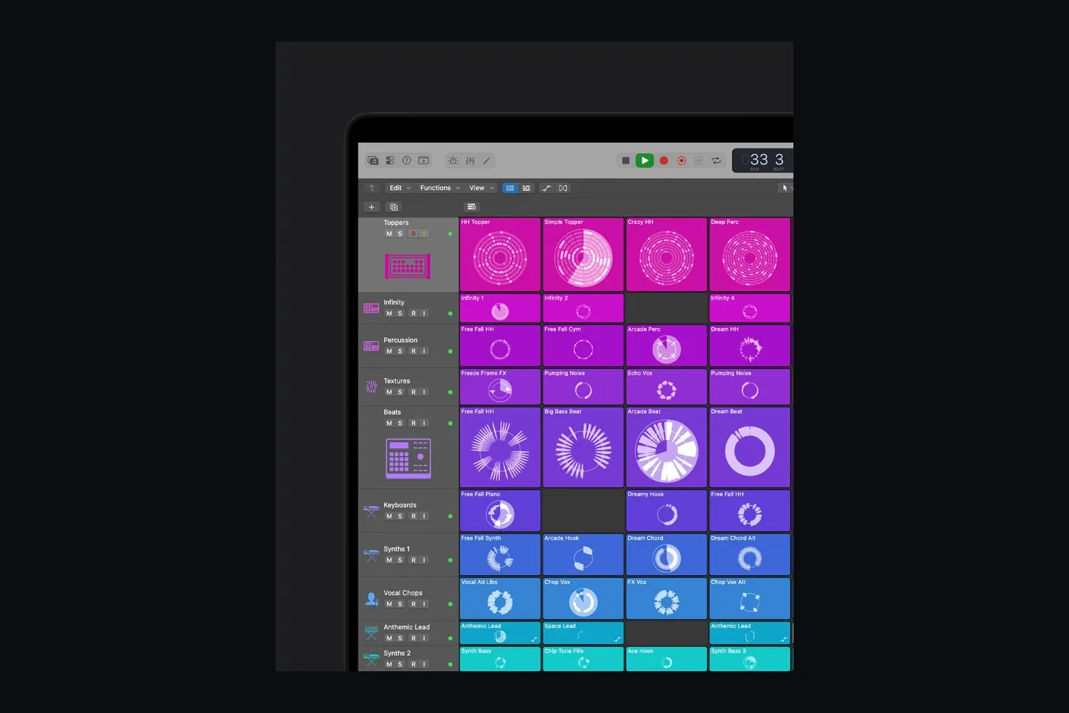 Logic Pro Live Loops grid with colored cells and scene triggers