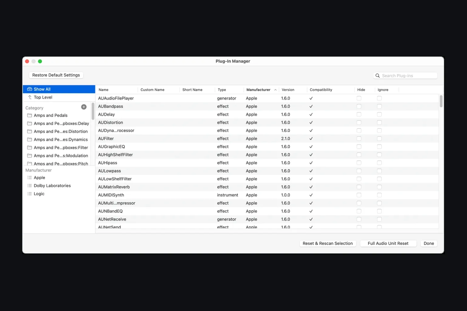 Logic Pro 12.3 Plug-in Manager with Compatibility, Hide and Ignore columns