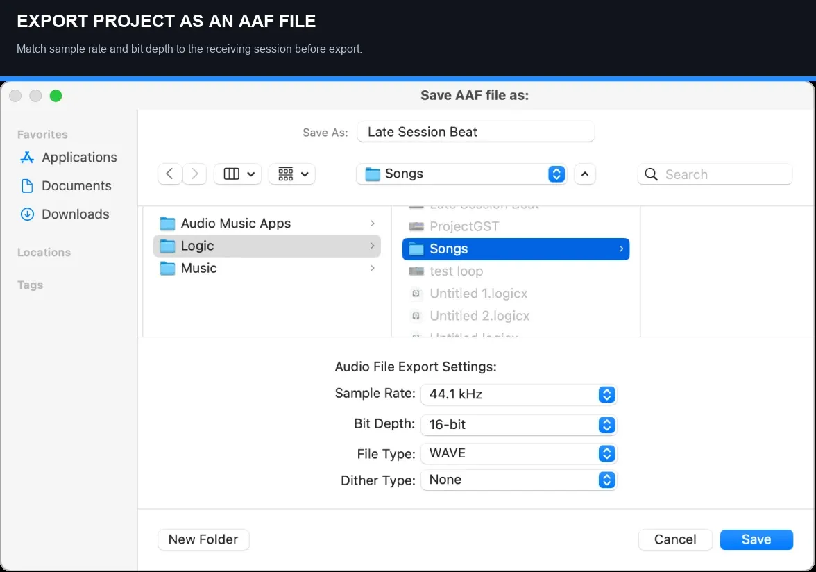Logic Pro Save AAF file dialog with sample rate bit depth WAVE and dither settings