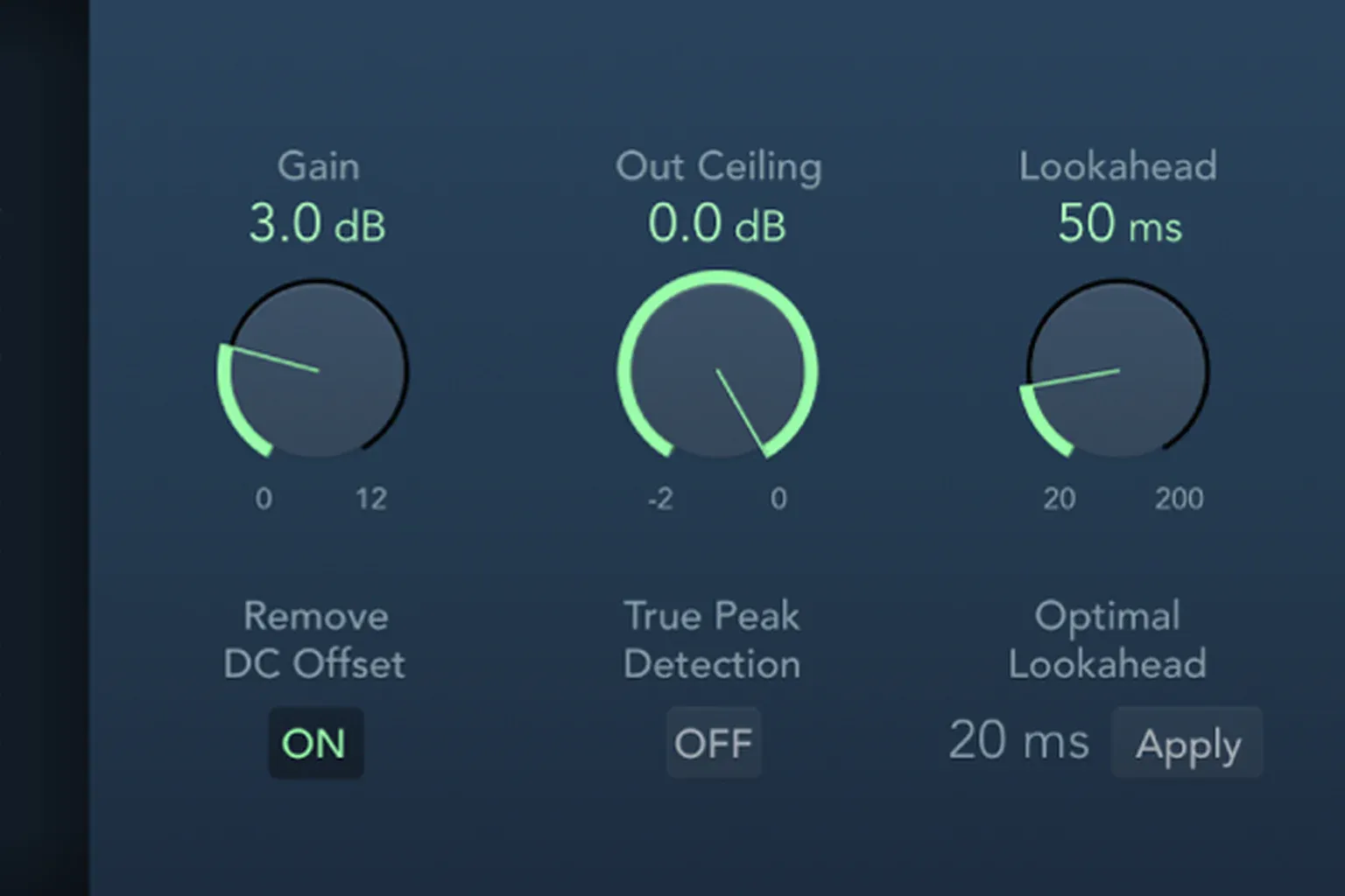 Logic Pro Adaptive Limiter with Gain, Out Ceiling, Lookahead and True Peak Detection controls