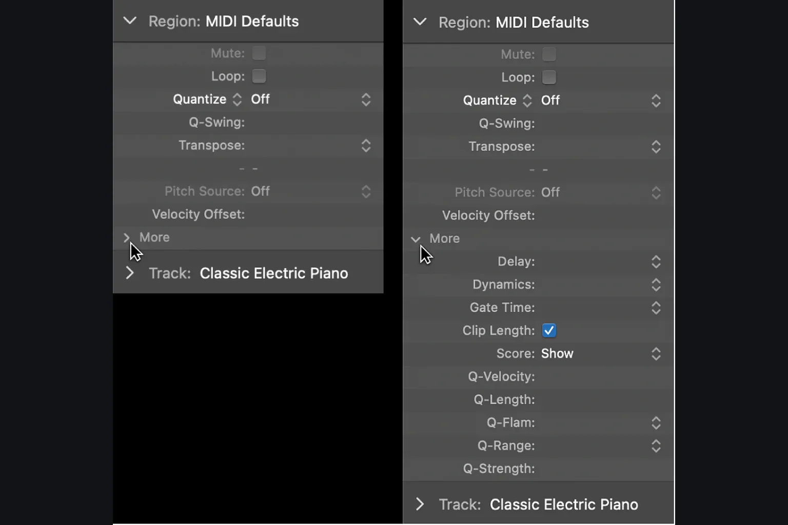Logic Pro Region inspector showing Q-Range, Q-Strength, and other advanced quantize parameters