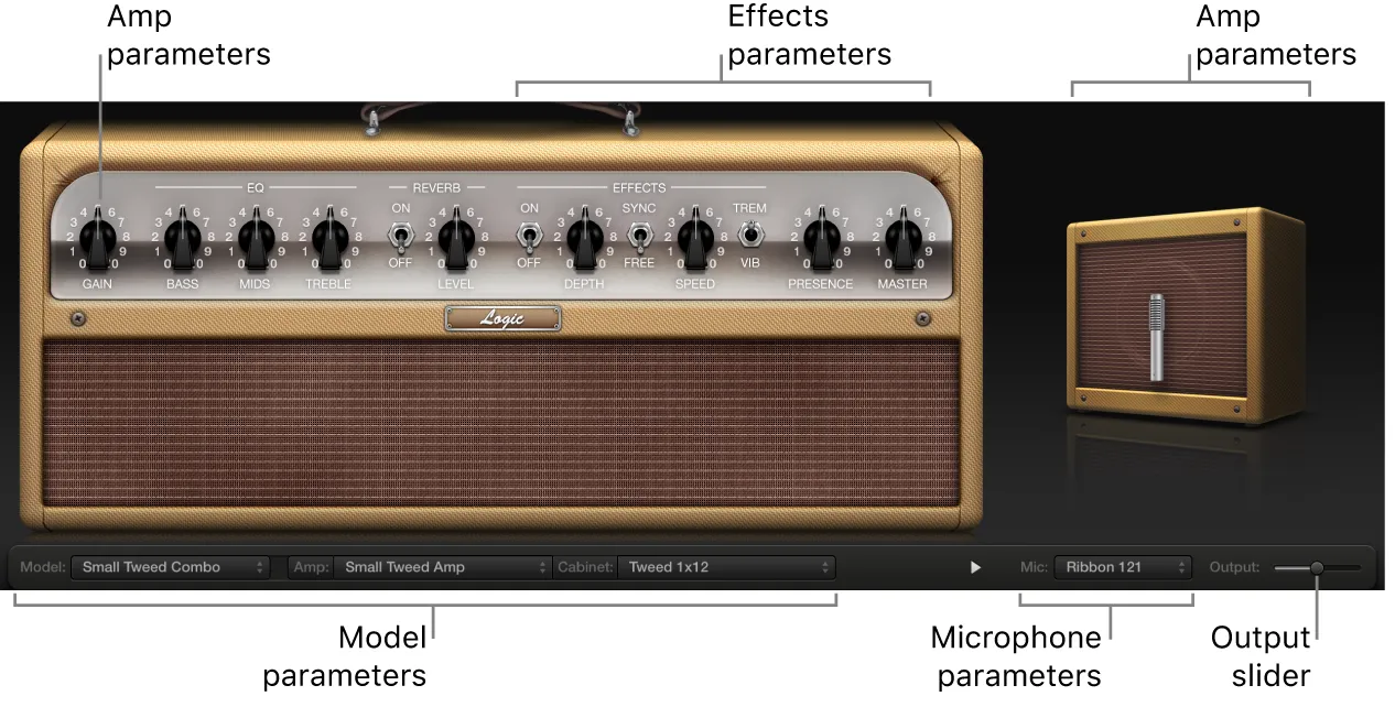 Logic Pro 12.3 Amp Designer controls for amp, cabinet, virtual microphone, effects, and output