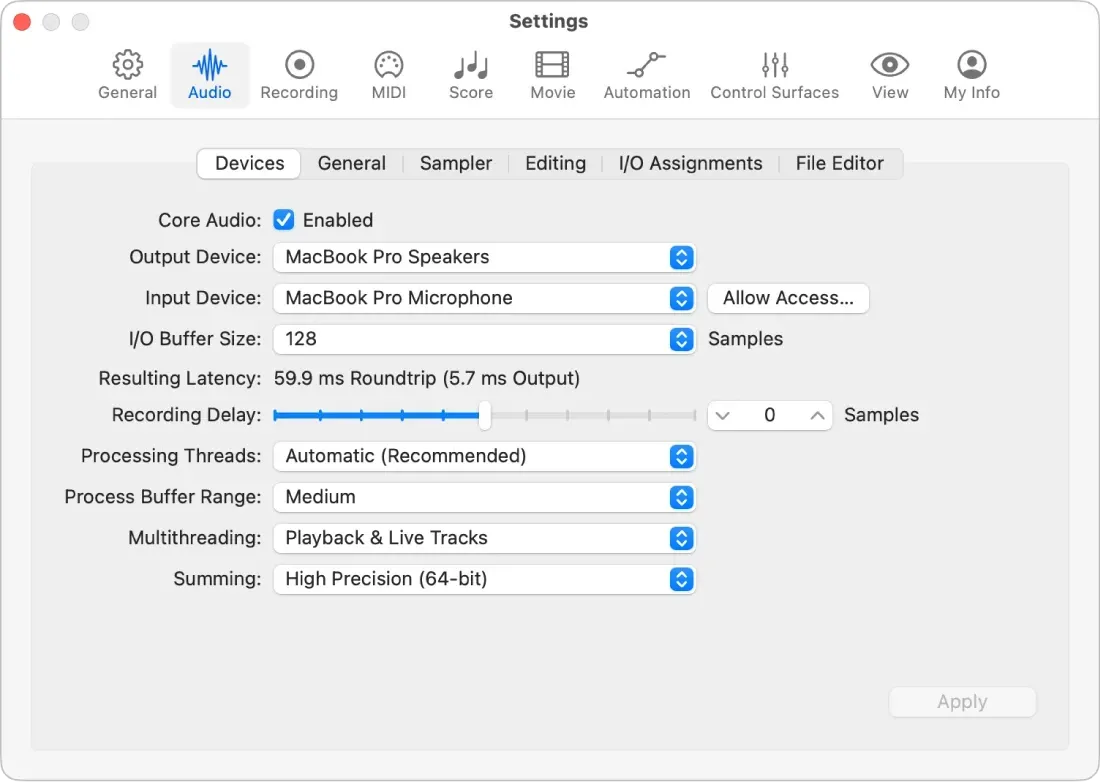 Logic Pro 12.3 Audio Devices settings with Input Device, Output Device, and I/O Buffer Size