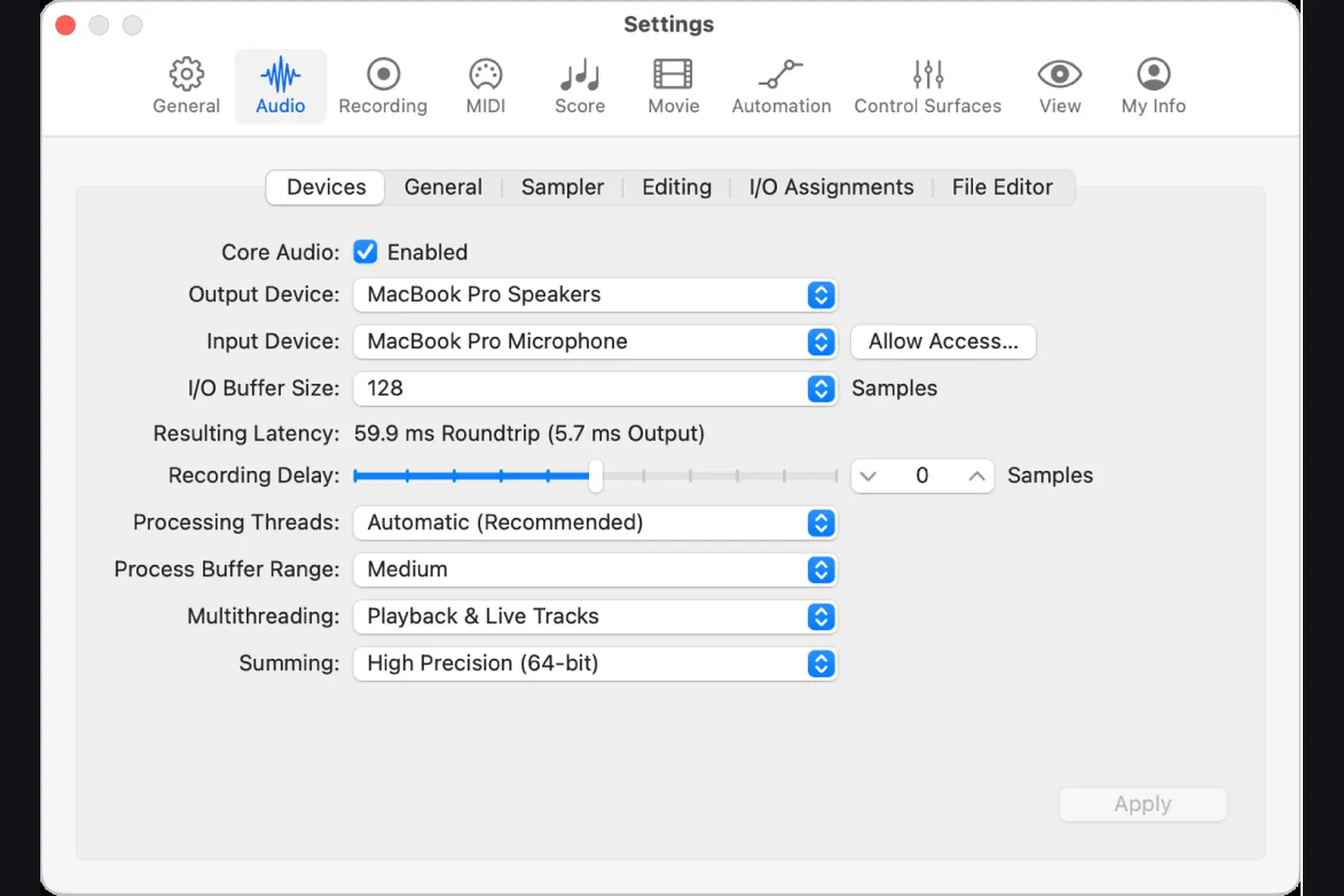 Logic Pro Audio Devices settings with input, output, and I/O buffer controls