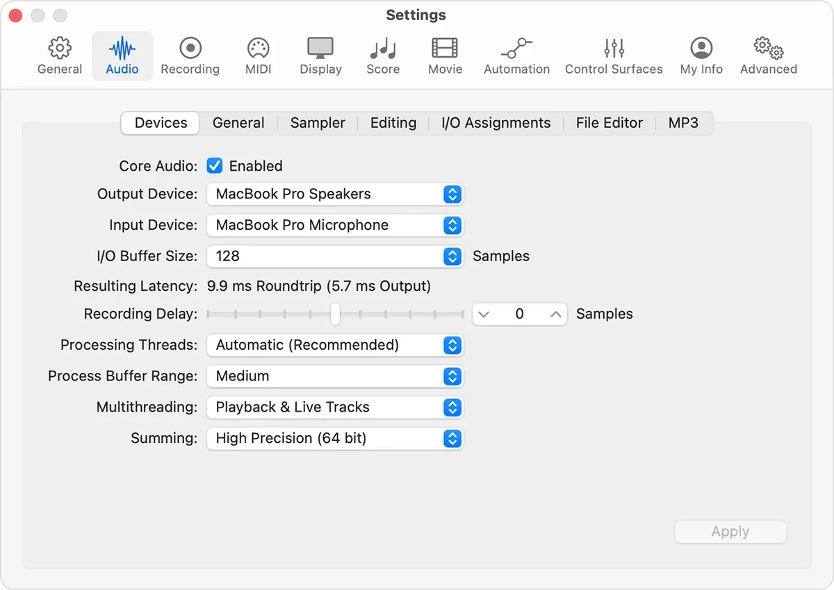 Logic Pro Audio Devices settings with separate input and output device menus