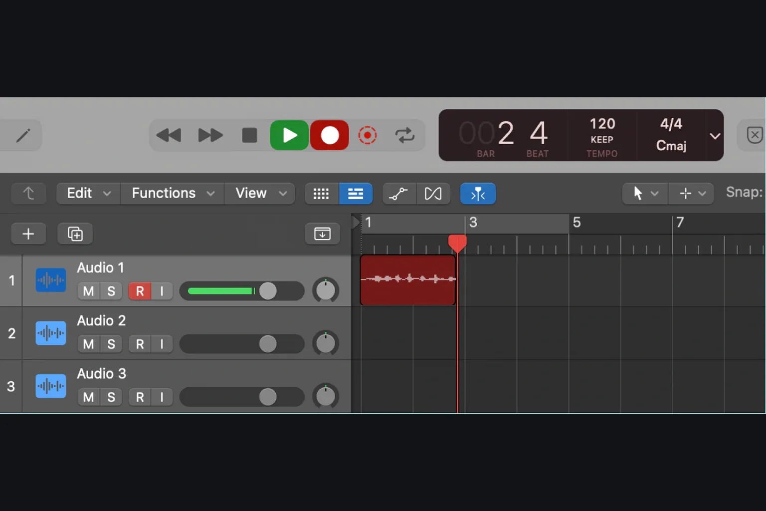Logic Pro audio region recording in the Tracks area with a live waveform
