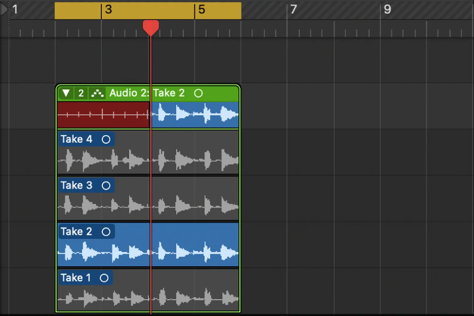 Logic Pro audio take folder with four recorded take lanes