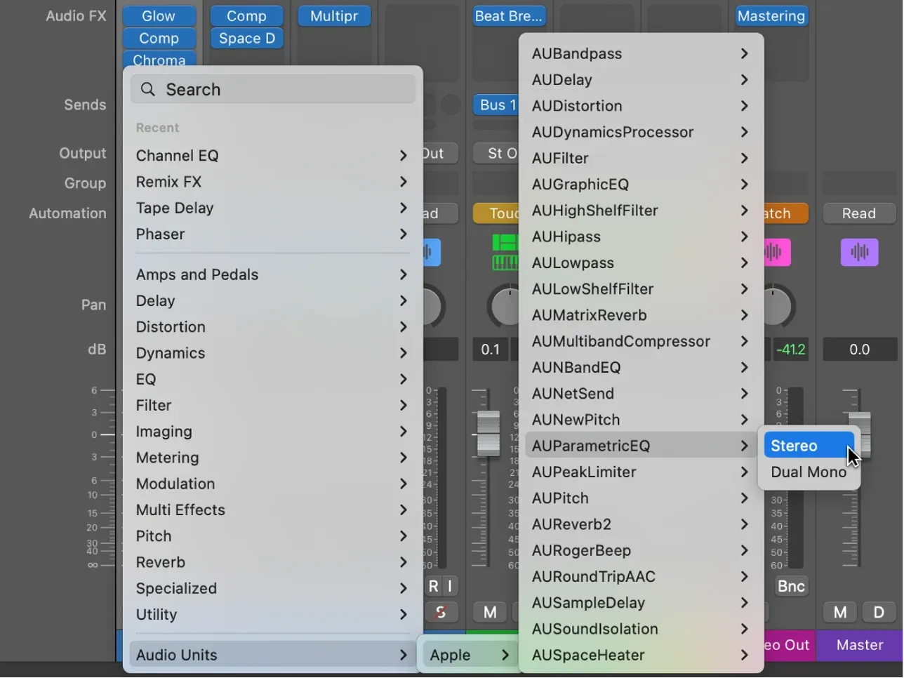 Logic Pro plug-in menu opened to the Audio Units manufacturer submenu