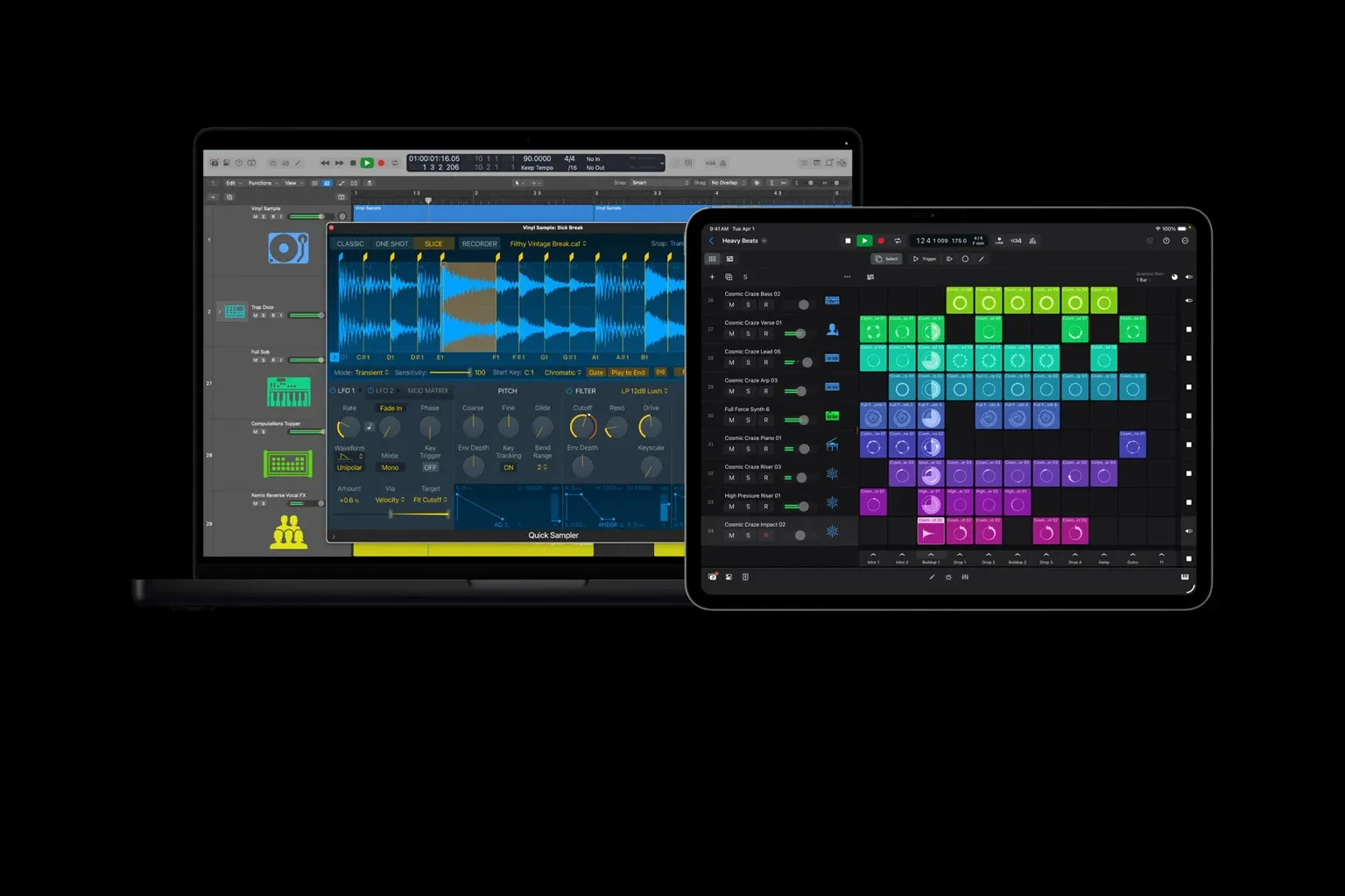 Logic Pro beat-making interface with Quick Sampler on Mac and Live Loops on iPad