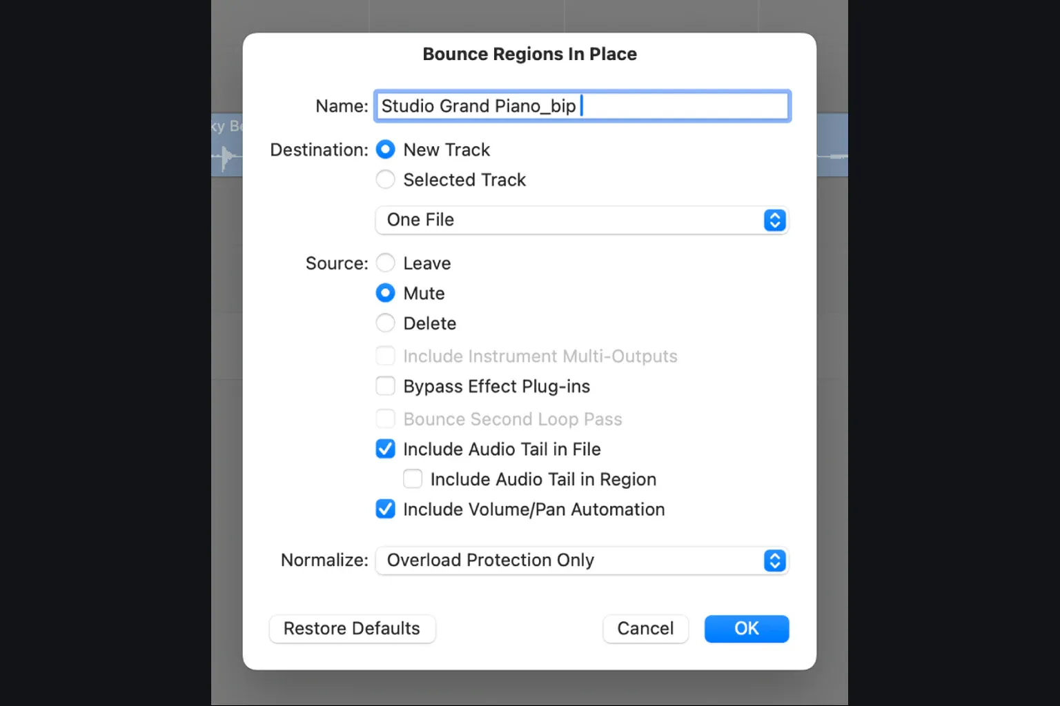 Logic Pro Bounce Regions in Place dialog with source, tail, and automation options