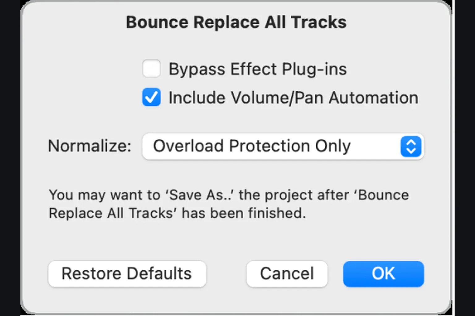 Logic Pro Bounce Replace All Tracks dialog with project save warning