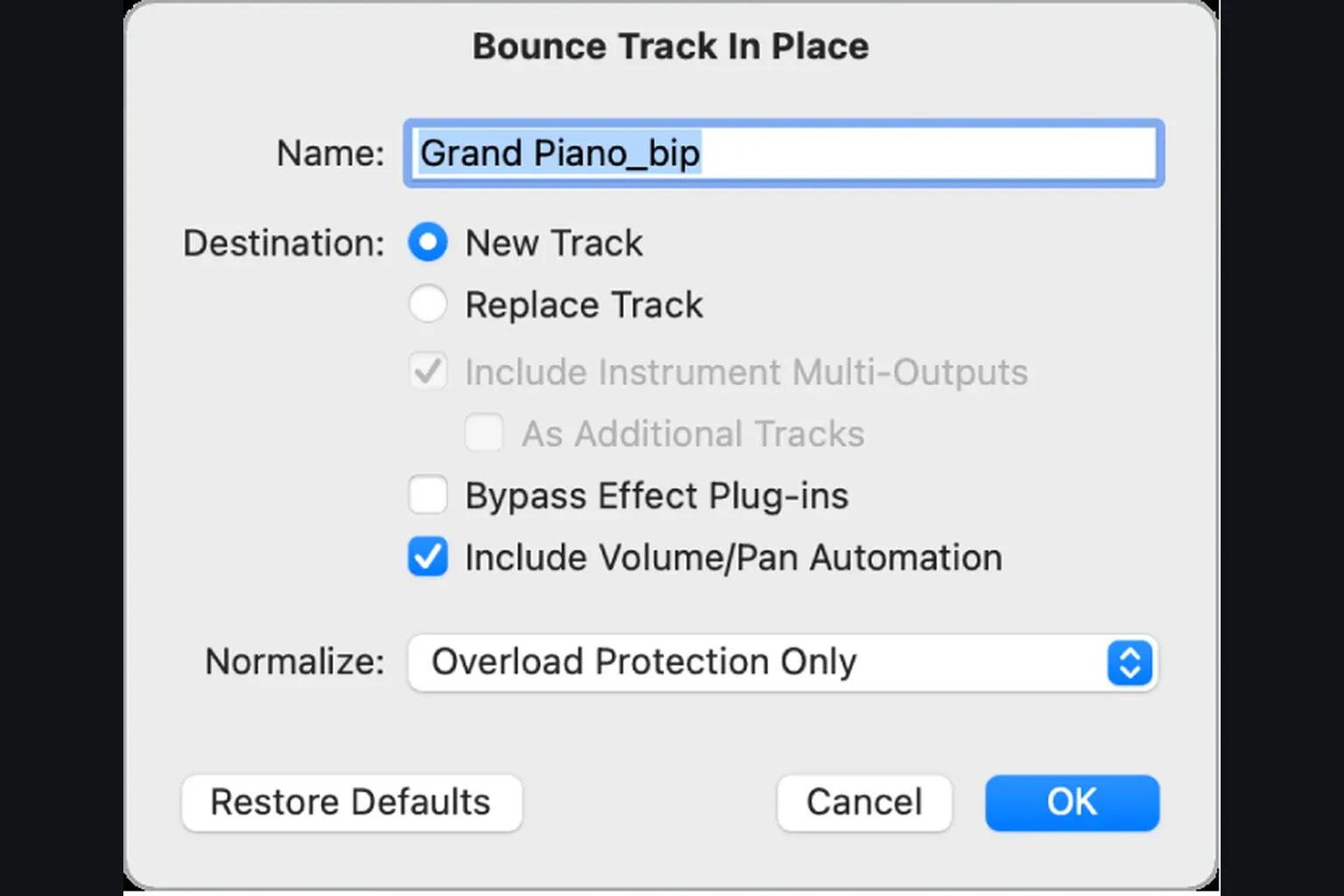 Logic Pro Bounce Track in Place dialog with New Track and processing options