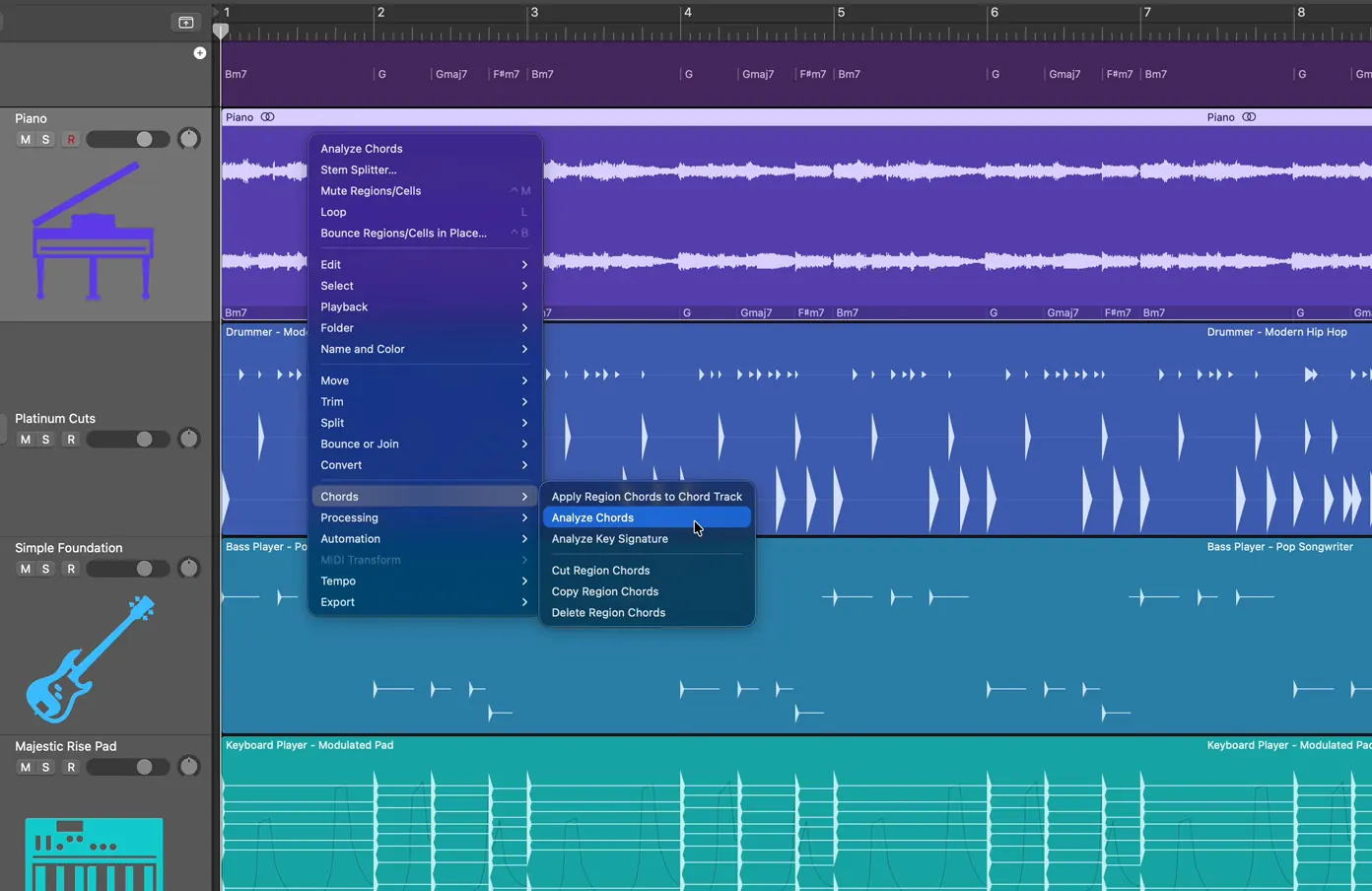 Logic Pro Chords menu with Analyze Chords selected for an audio region