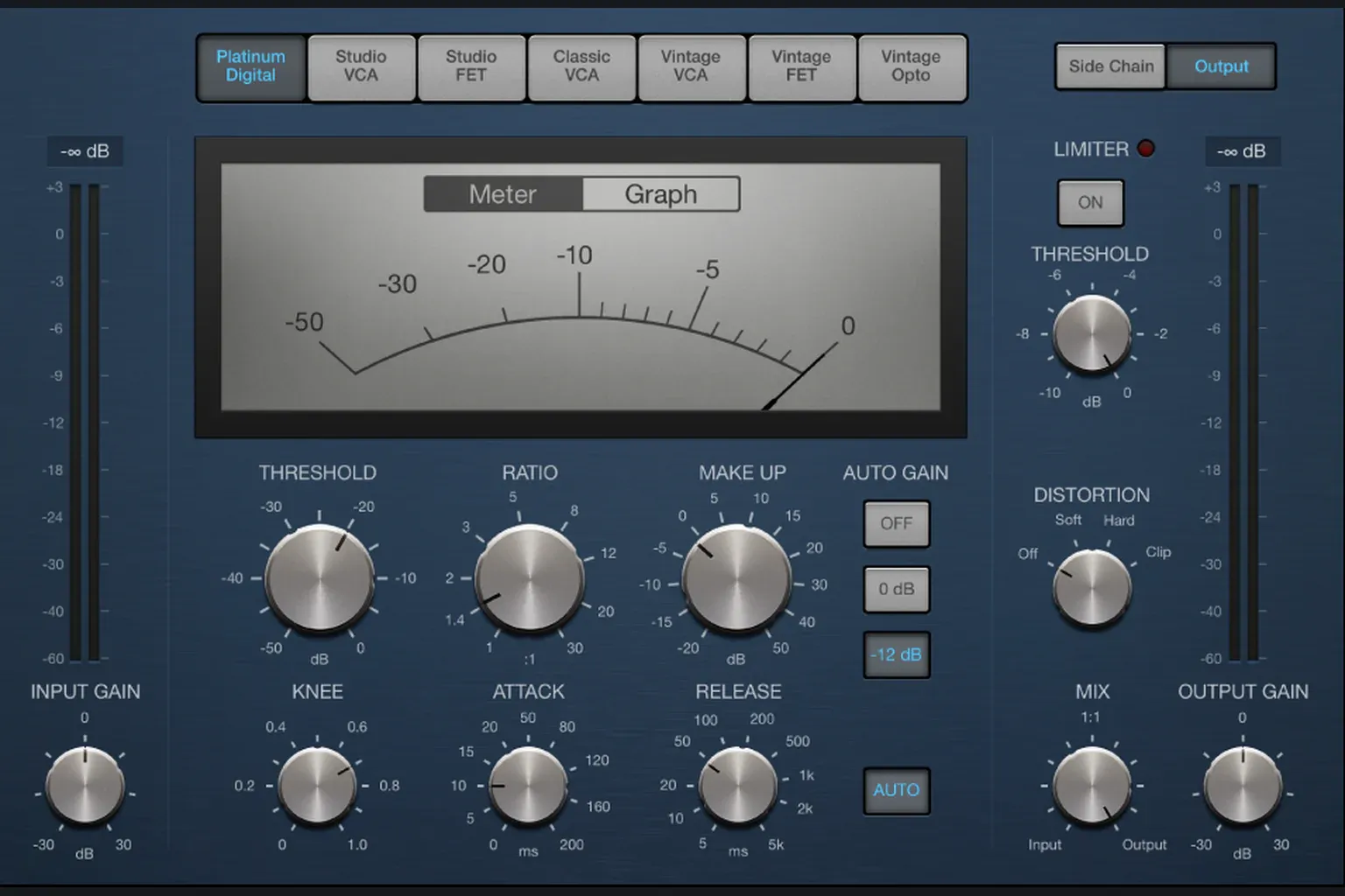 Logic Pro Compressor with circuit models, threshold, ratio, knee, attack, release, gain and Mix controls