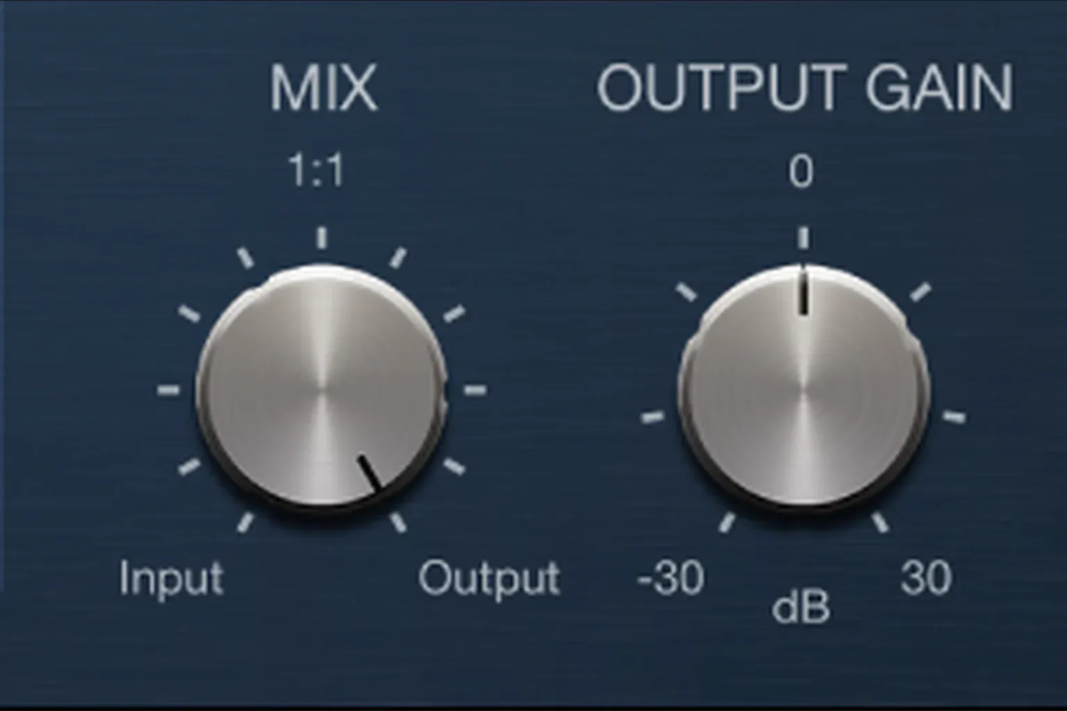 Logic Pro Compressor Output panel close-up with Mix and Output Gain knobs