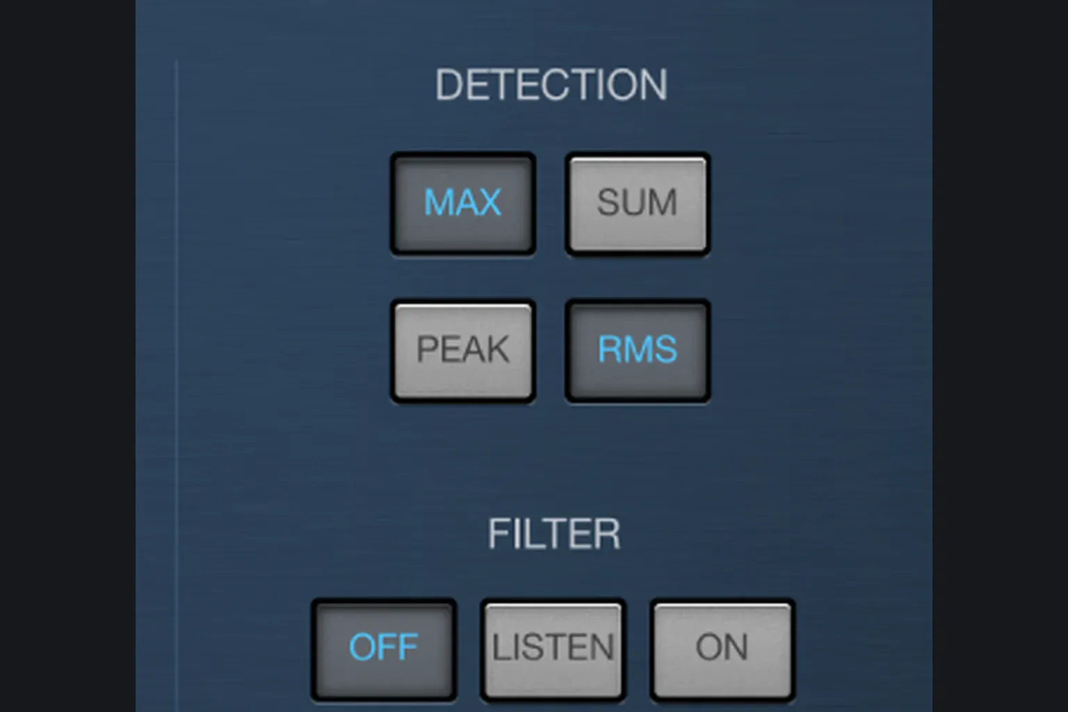 Logic Pro Compressor Side Chain panel with Max, Sum, Peak, RMS and filter listening controls