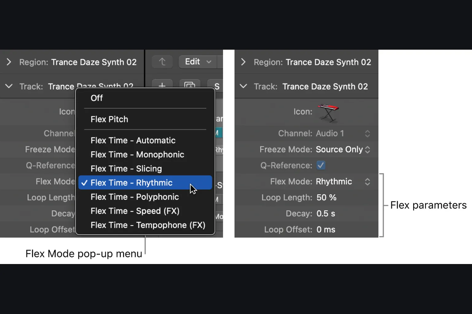Logic Pro Flex Time algorithm menu and Rhythmic mode parameters