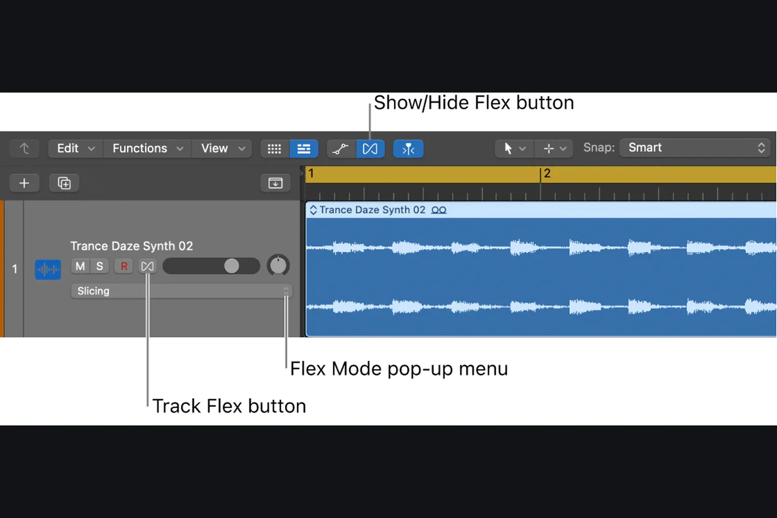 Logic Pro Tracks area with Show Flex, Track Flex, and Flex Mode controls