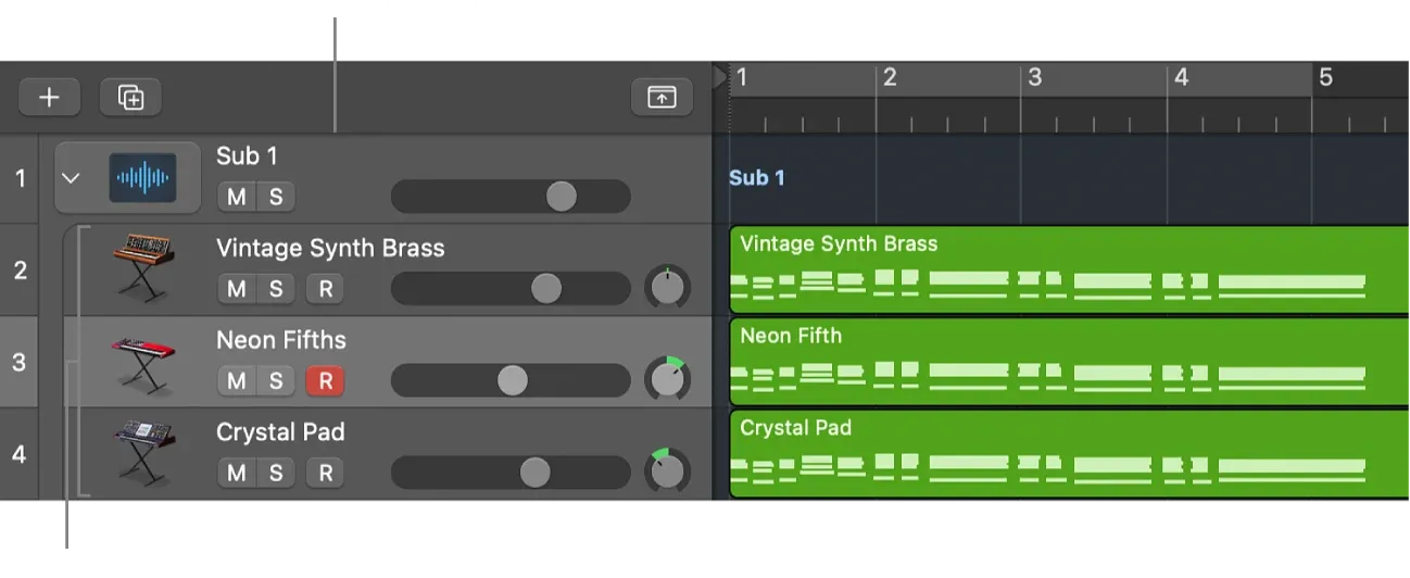 Folder Stack main track and three instrument subtracks in Logic Pro 12.3