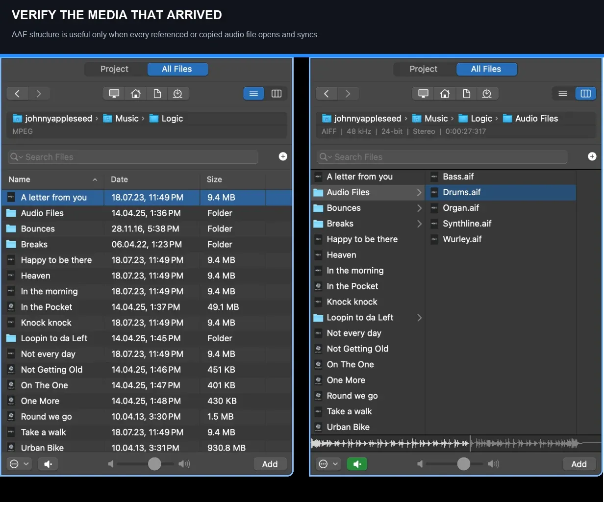 Logic Pro All Files Browser showing audio files available for import