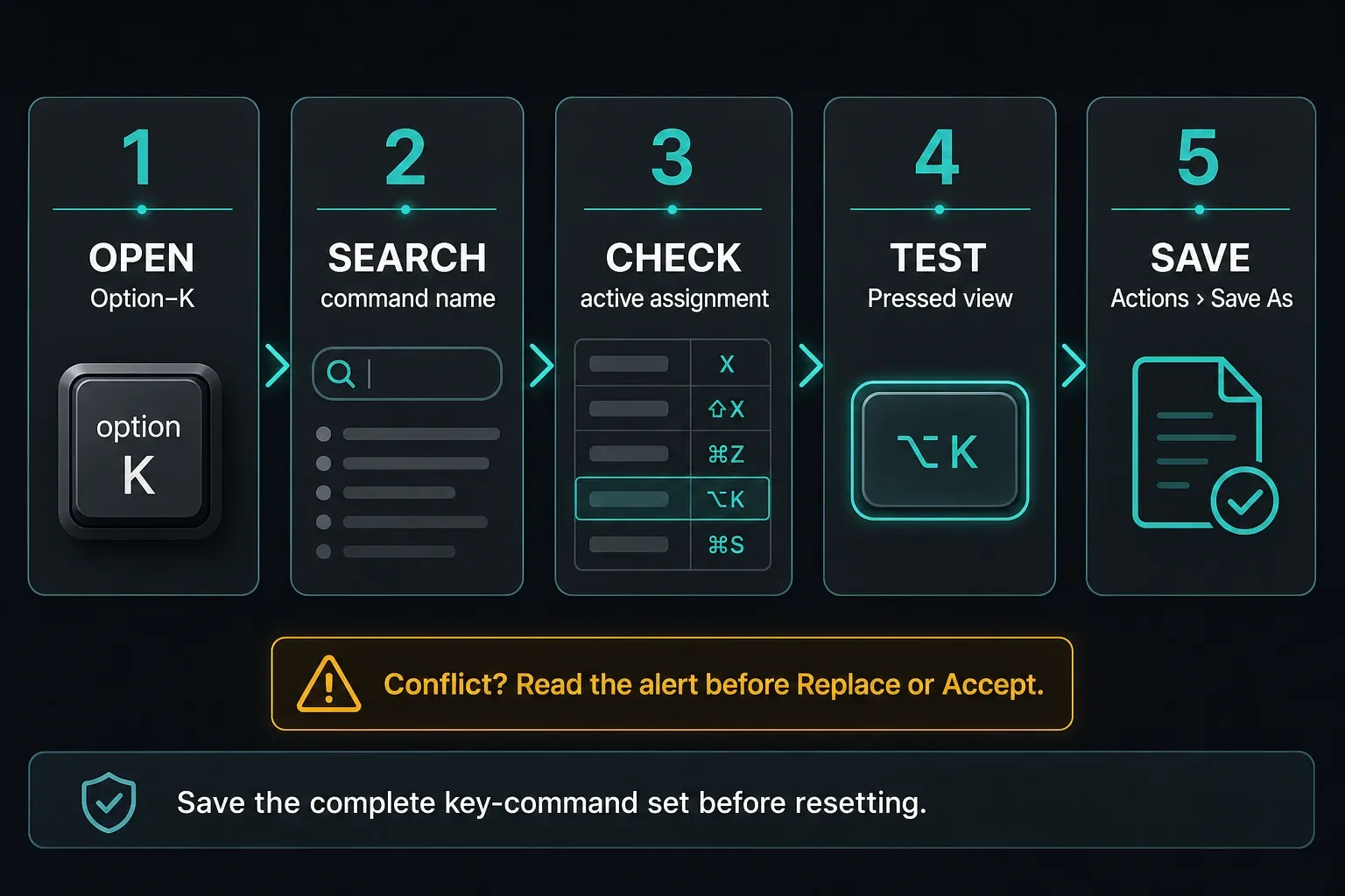 Five-step workflow for verifying and saving Logic Pro key commands