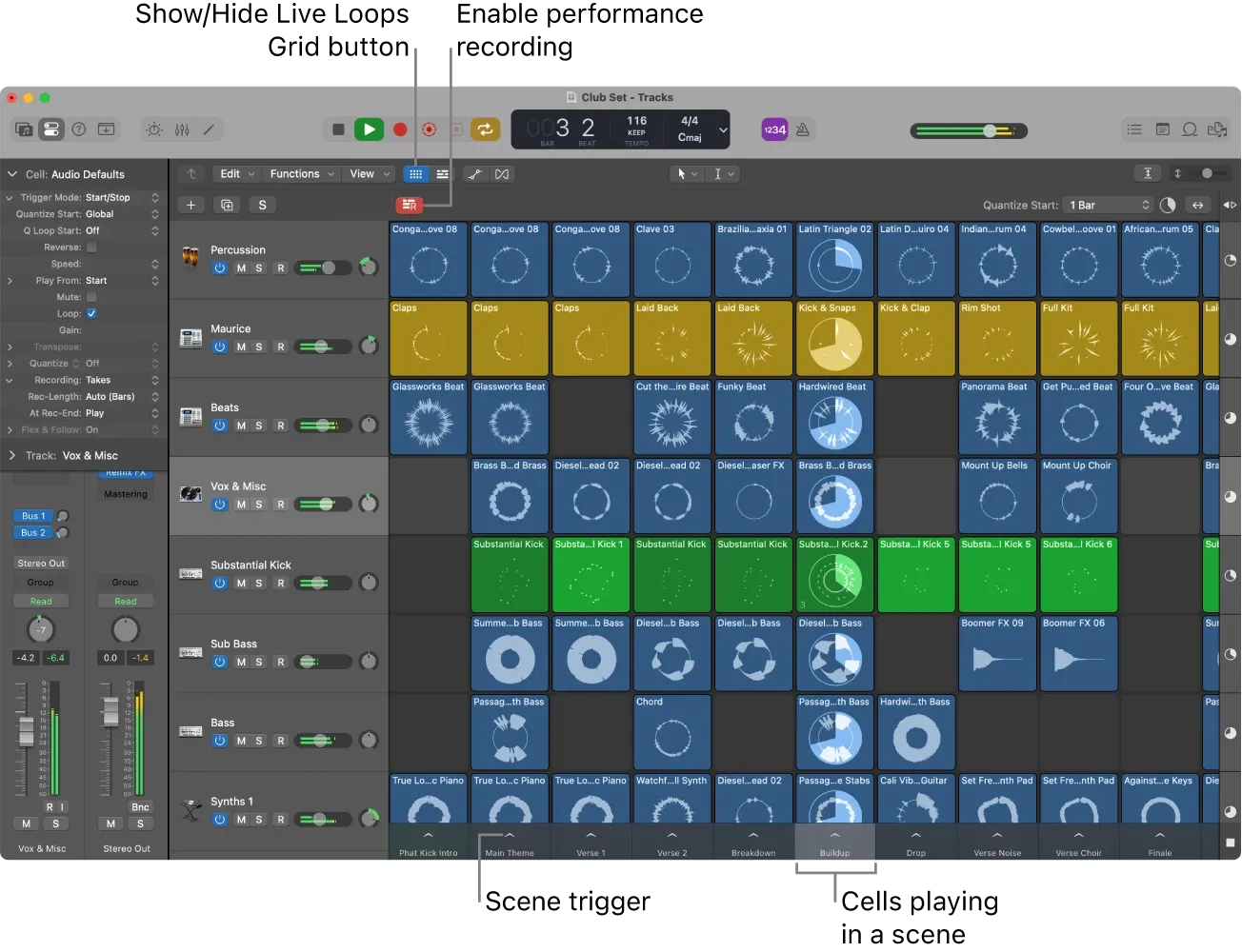 Logic Pro 12.3 Live Loops grid with cells, scenes and Quantize Start controls