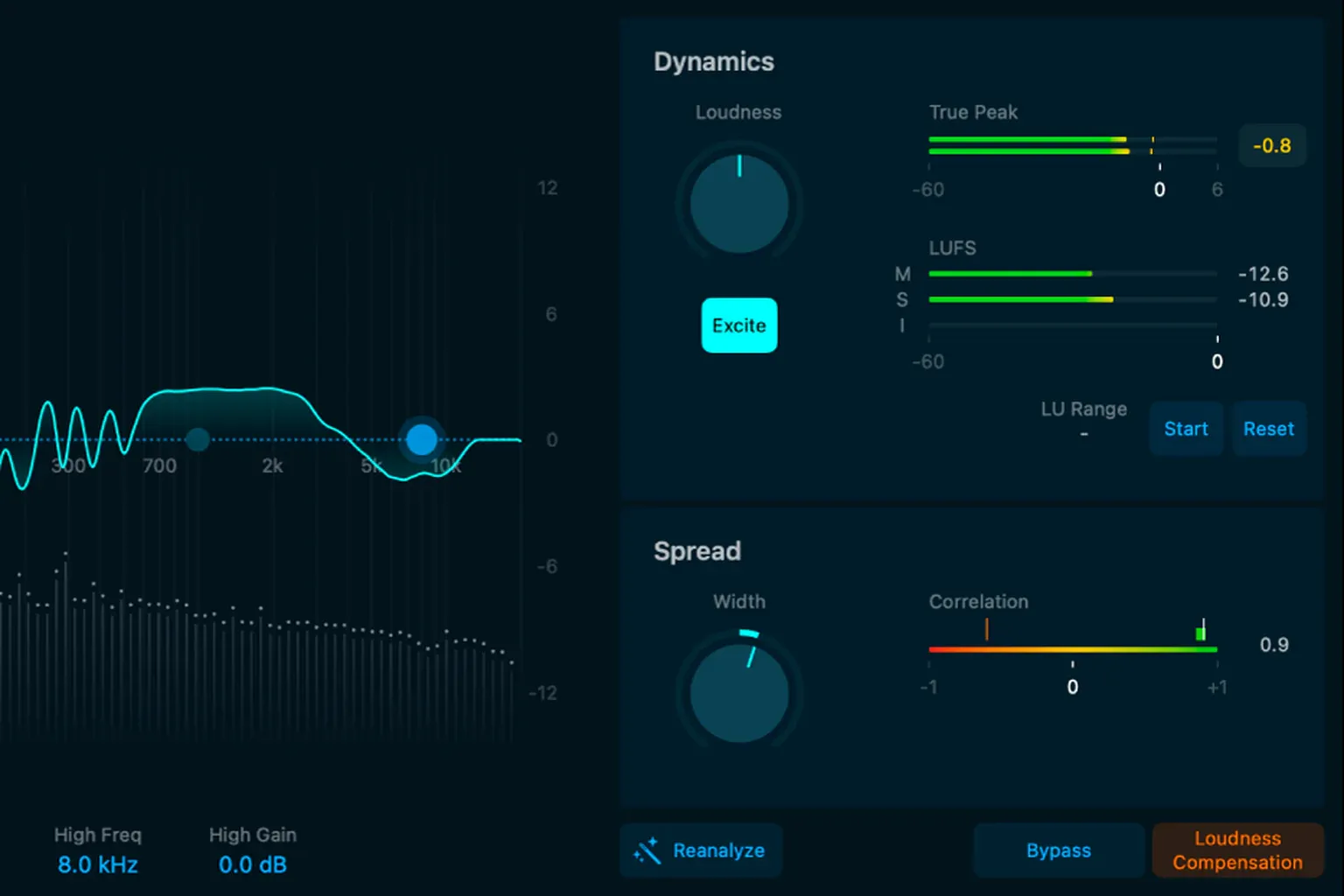 Logic Pro Mastering Assistant with EQ curve, loudness, true peak, LUFS and stereo spread controls