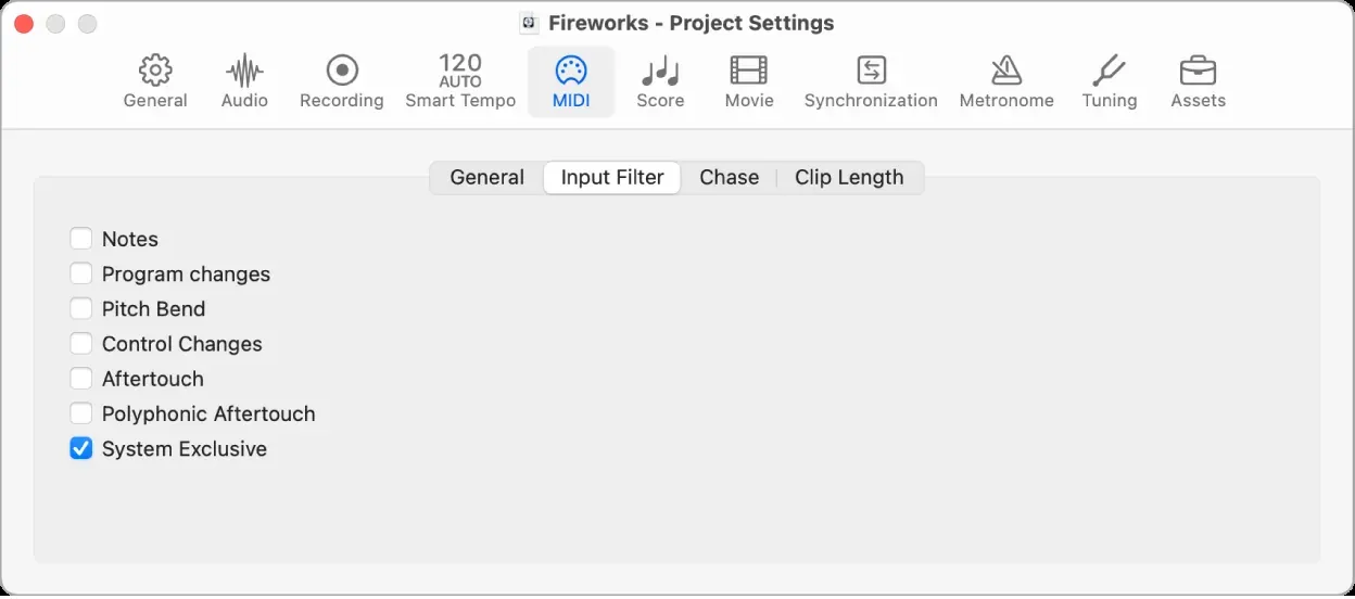 Logic Pro MIDI Input Filter project settings with Notes unchecked