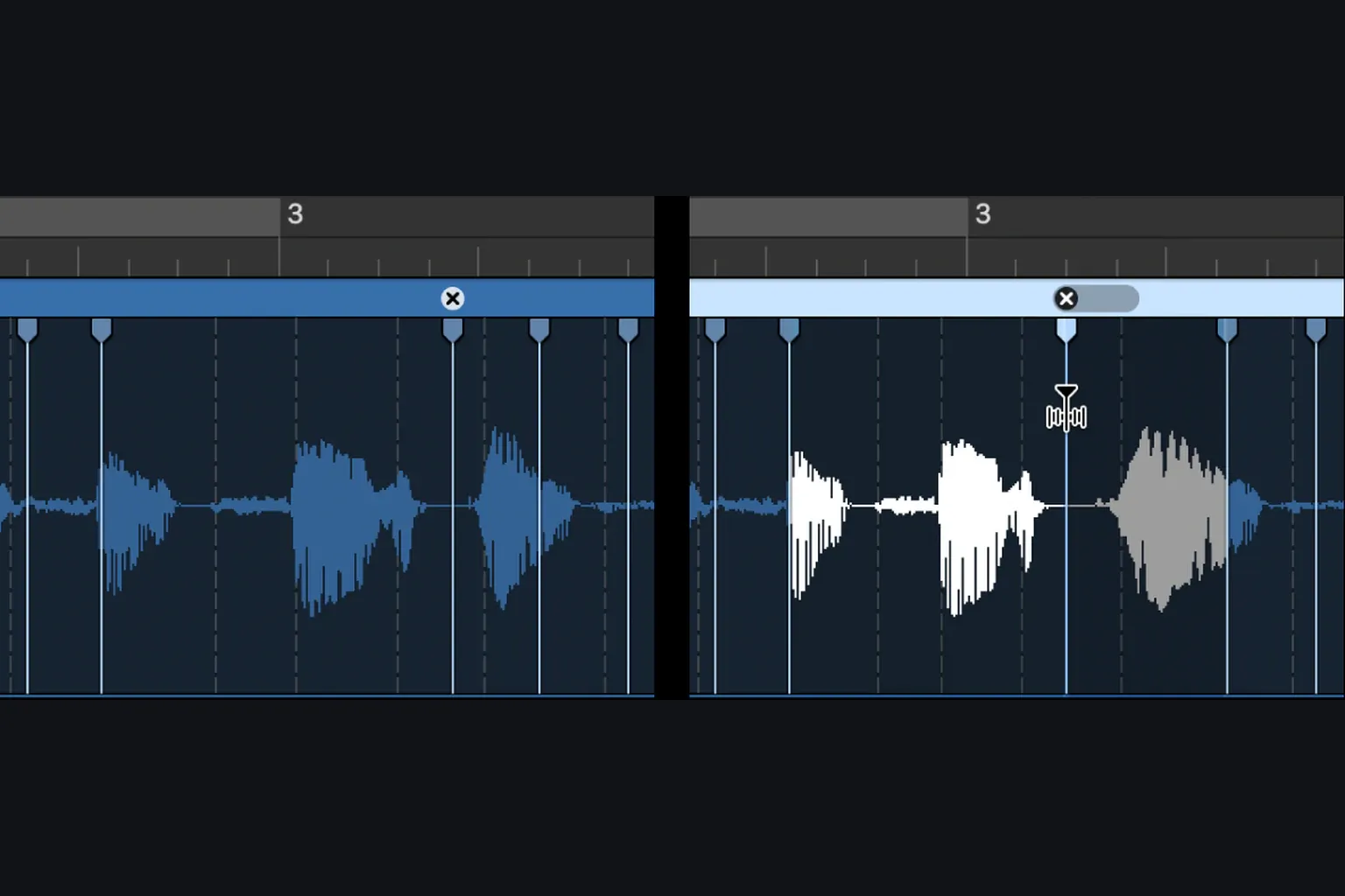 Logic Pro audio region before and after moving a flex marker left