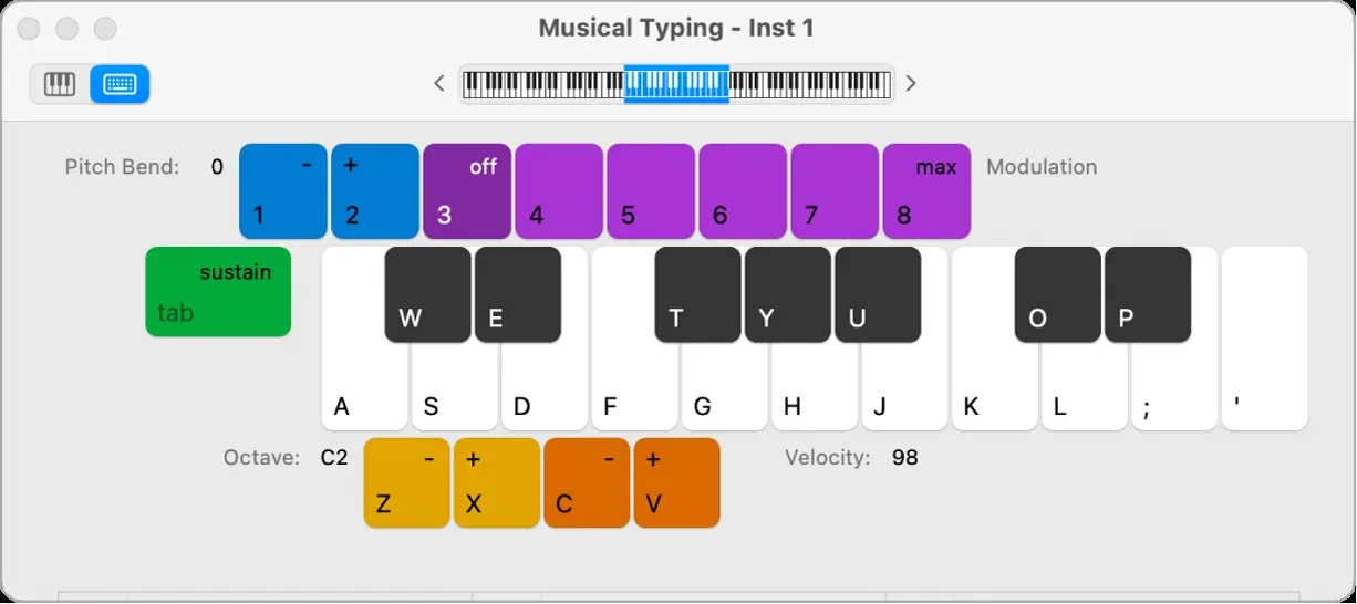 Logic Pro Musical Typing window with computer-keyboard note controls