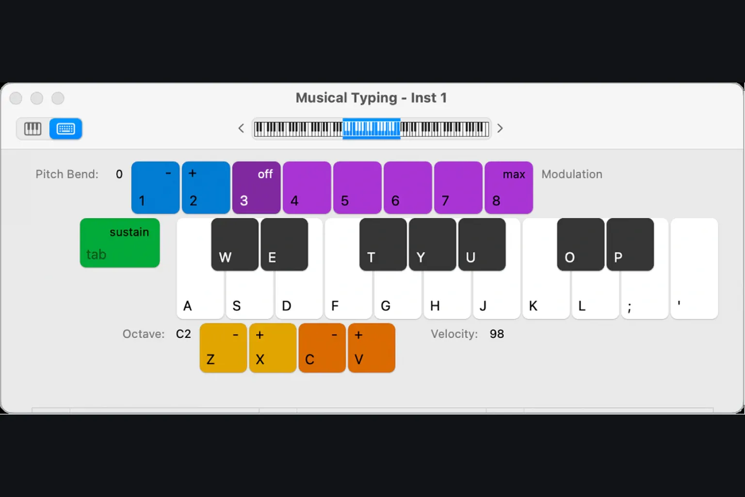 Logic Pro Musical Typing window mapped to a Mac keyboard