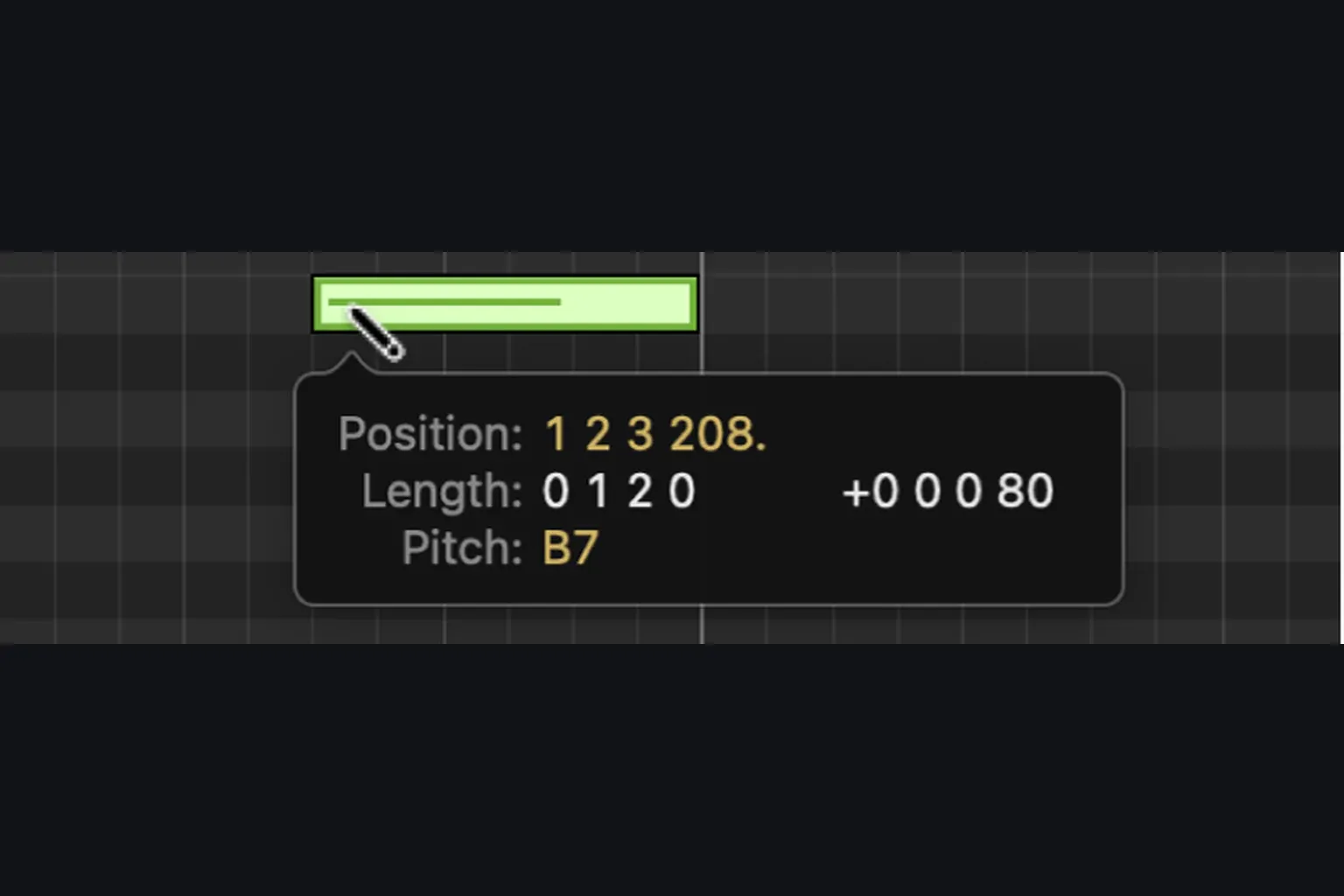 Logic Pro Pencil tool creating a MIDI note with a precise length
