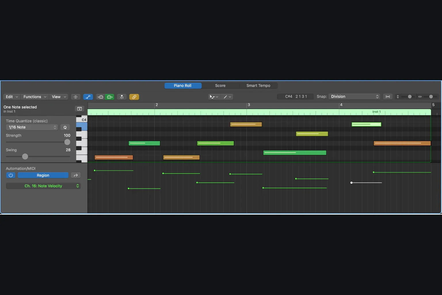 Logic Pro Piano Roll Automation and MIDI area with controller data