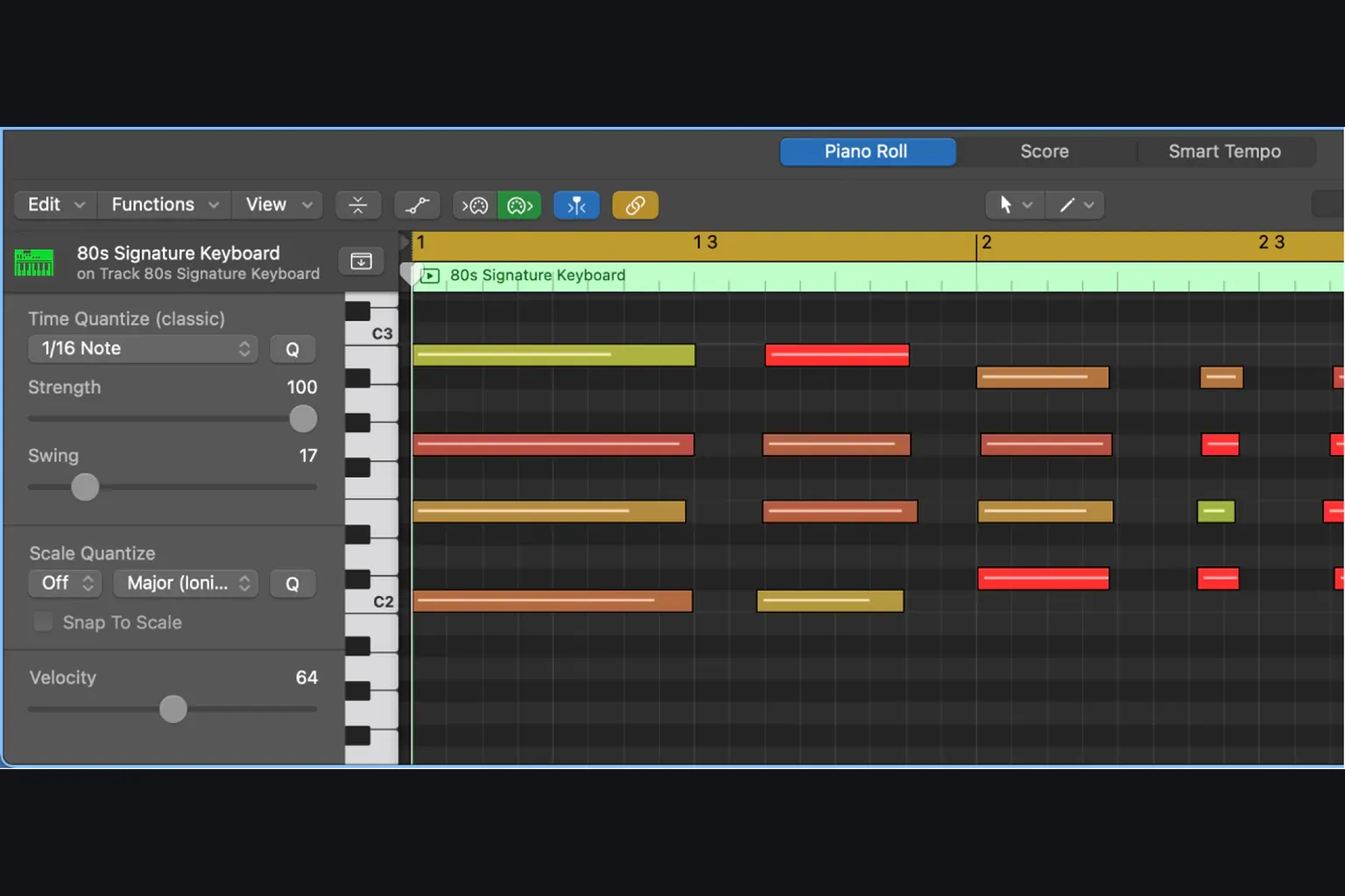 Logic Pro Piano Roll with Time Quantize, Strength, and Swing controls