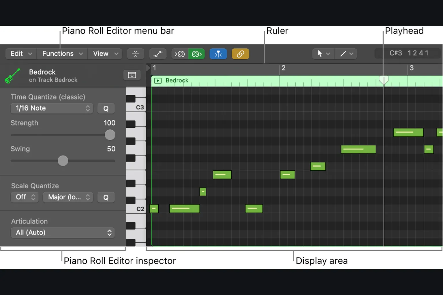 Logic Pro Piano Roll Editor showing MIDI notes, inspector, and velocity lane