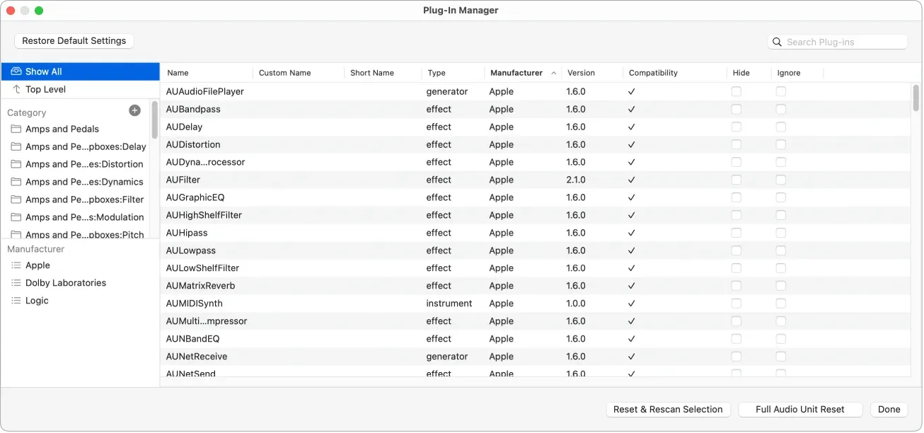 Logic Pro Plug-in Manager showing manufacturers, Compatibility, Hide and Ignore columns