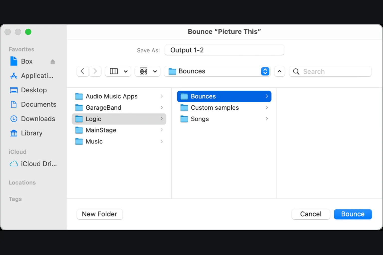 Logic Pro project bounce save dialog with filename and Bounces folder
