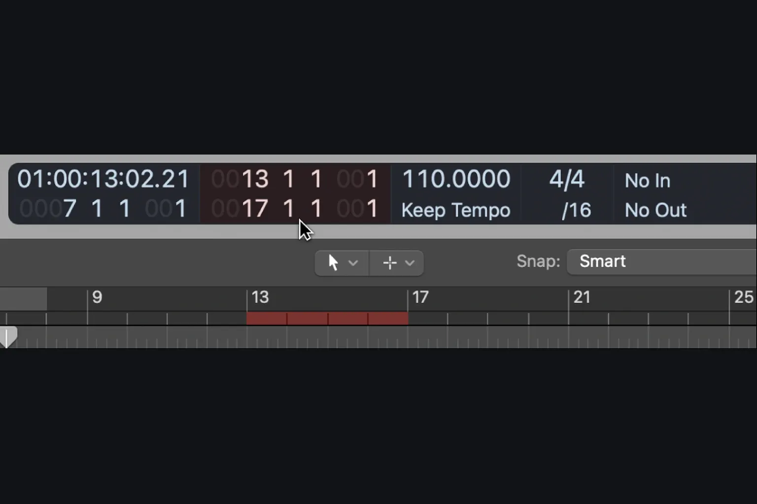 Logic Pro LCD showing numeric punch-in and punch-out locator fields
