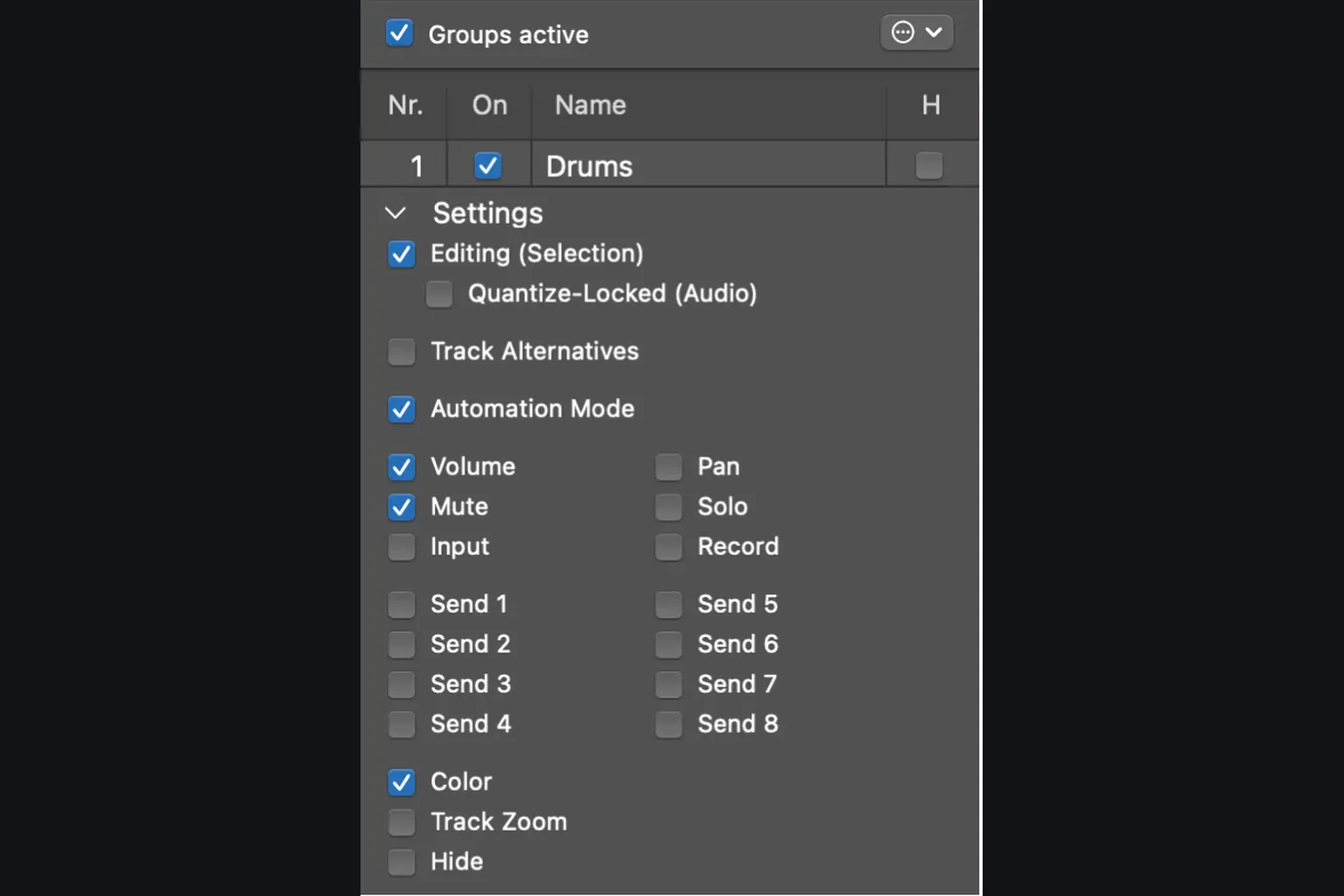 Logic Pro group settings with Editing and Quantize-Locked Audio options