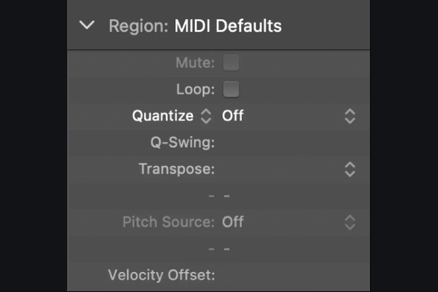 Logic Pro Region inspector with the Quantize parameter set to Off