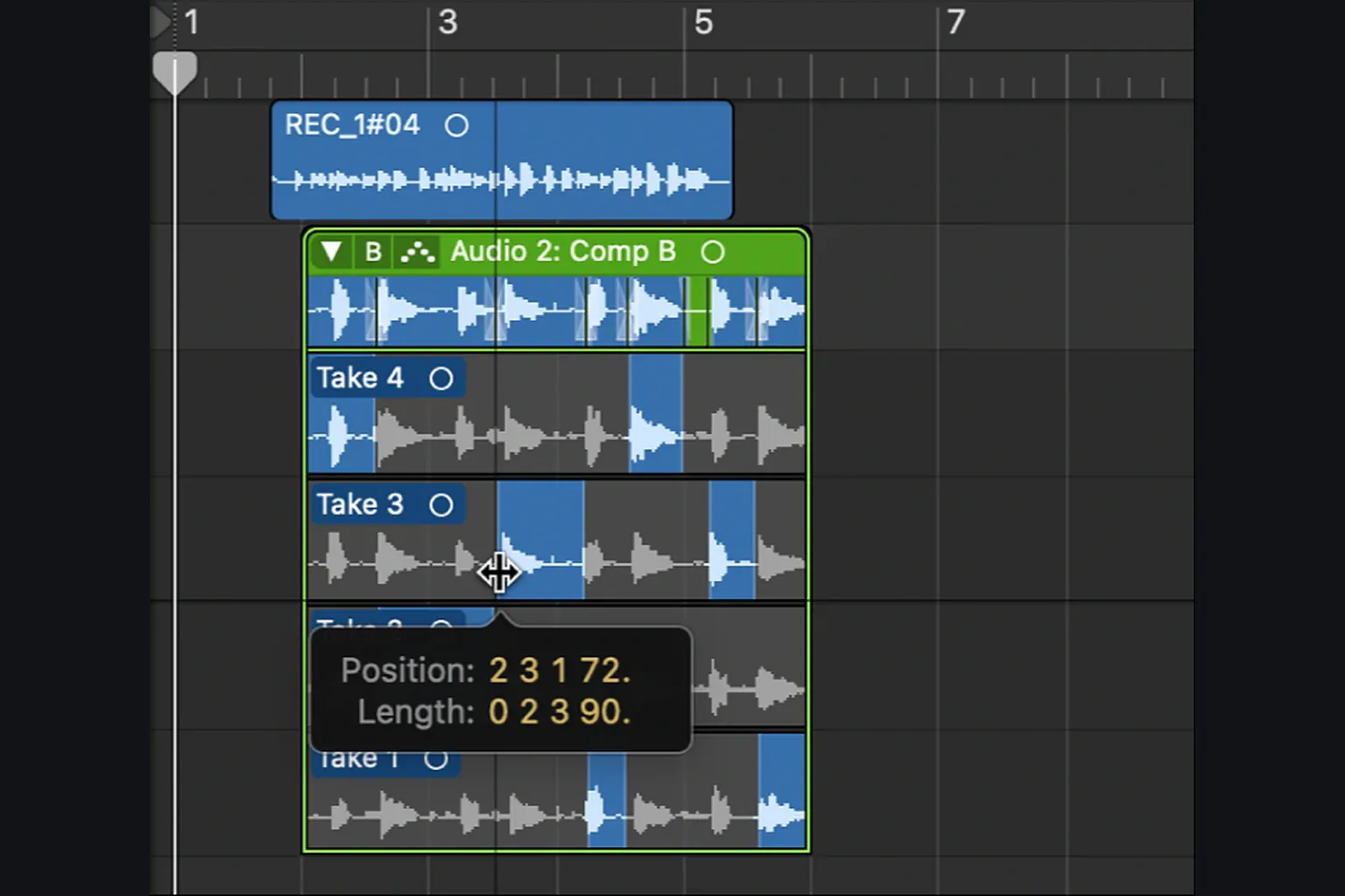 Logic Pro comp selecting different phrases from four audio takes