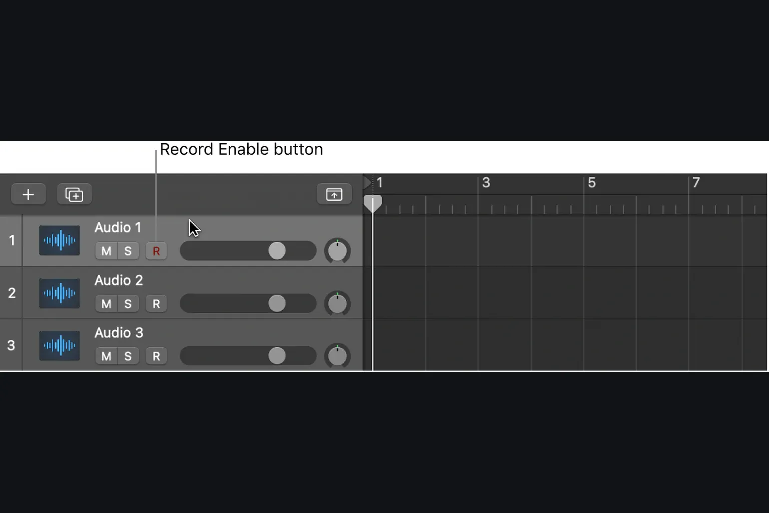 Logic Pro audio track header with Record Enable active
