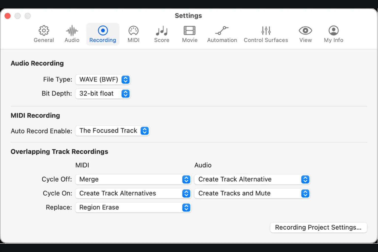Logic Pro Recording settings for WAVE file type and 32-bit float bit depth