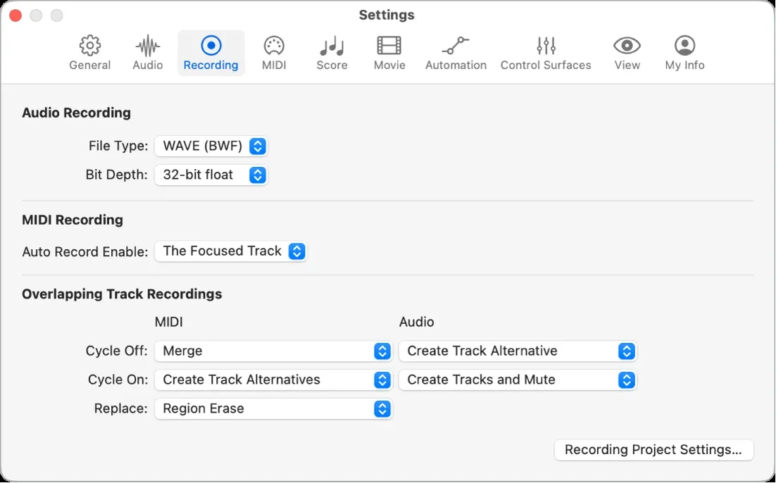 Logic Pro Recording settings with WAVE BWF file type and bit depth controls