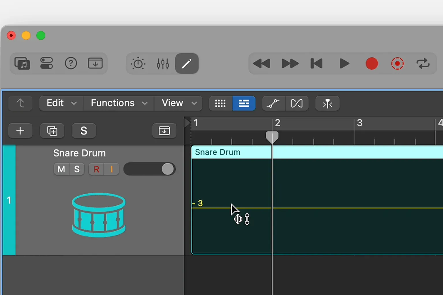 Logic Pro Tracks area with the Gain tool adjusting a snare region to minus 3 dB