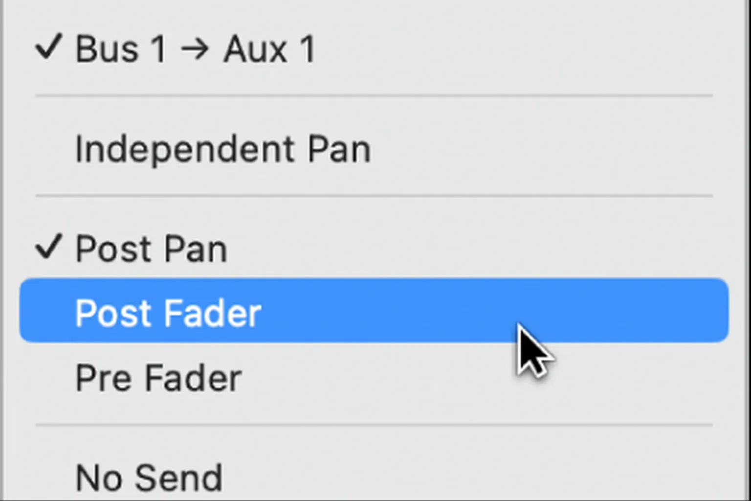 Logic Pro send menu with Post Pan, Post Fader and Pre Fader routing choices